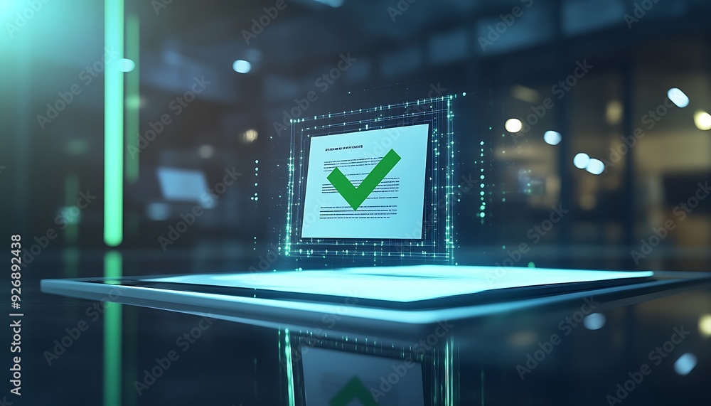 Poster Digital Interface Displaying Approved Business Document on Tablet