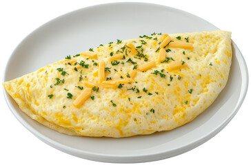 A delicious cheese omelette garnished with fresh herbs on a white plate, perfect for breakfast or brunch. cut out, PNG, isolated on transparent background.
