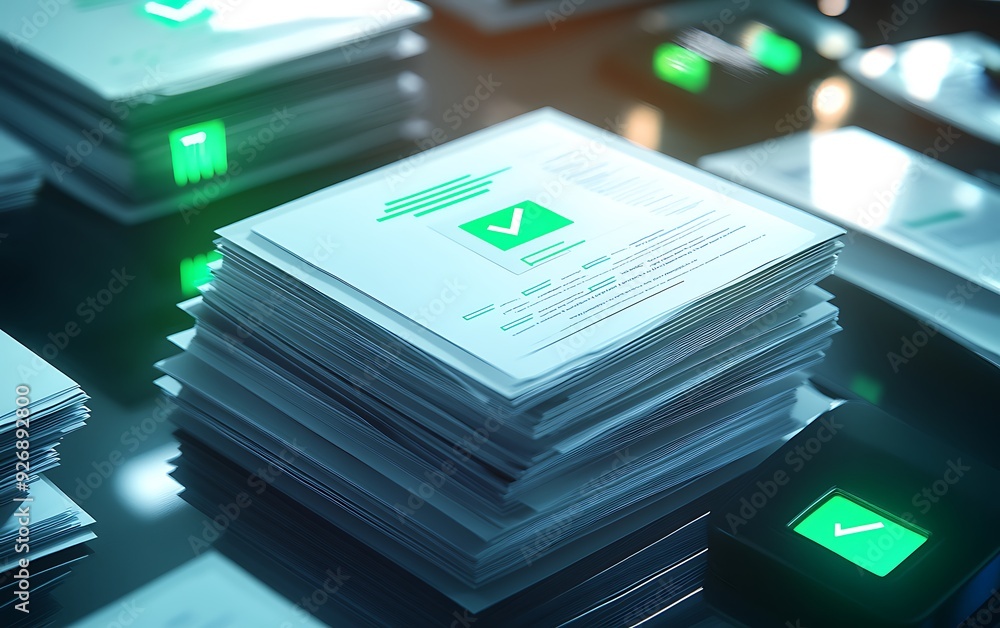 Poster Stack of Business Documents with Green Check Marks and Digital Signature Pad