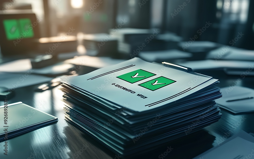 Poster Stack of Business Documents with Green Check Marks and Digital Signature Pad