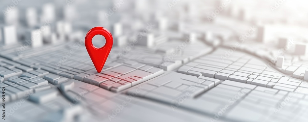 Poster a red location pin over a detailed city map, symbolizing navigation and point of interest.