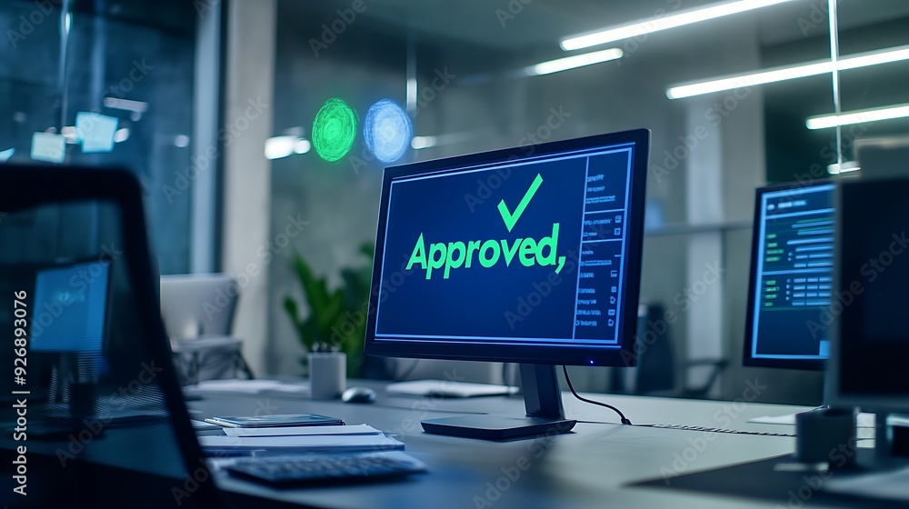 Poster Stack of Business Documents with Green Check Marks and Digital Signature Pad