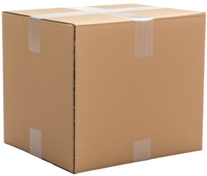 A plain cardboard box with tape, ideal for shipping or storage purposes, showcasing minimalistic design and utility. cut out, PNG, isolated on transparent background.