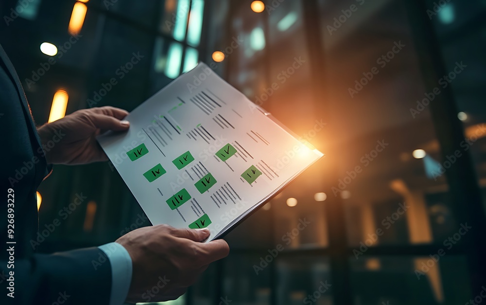 Poster business leader reviewing strategy document with completed tasks in dynamic office