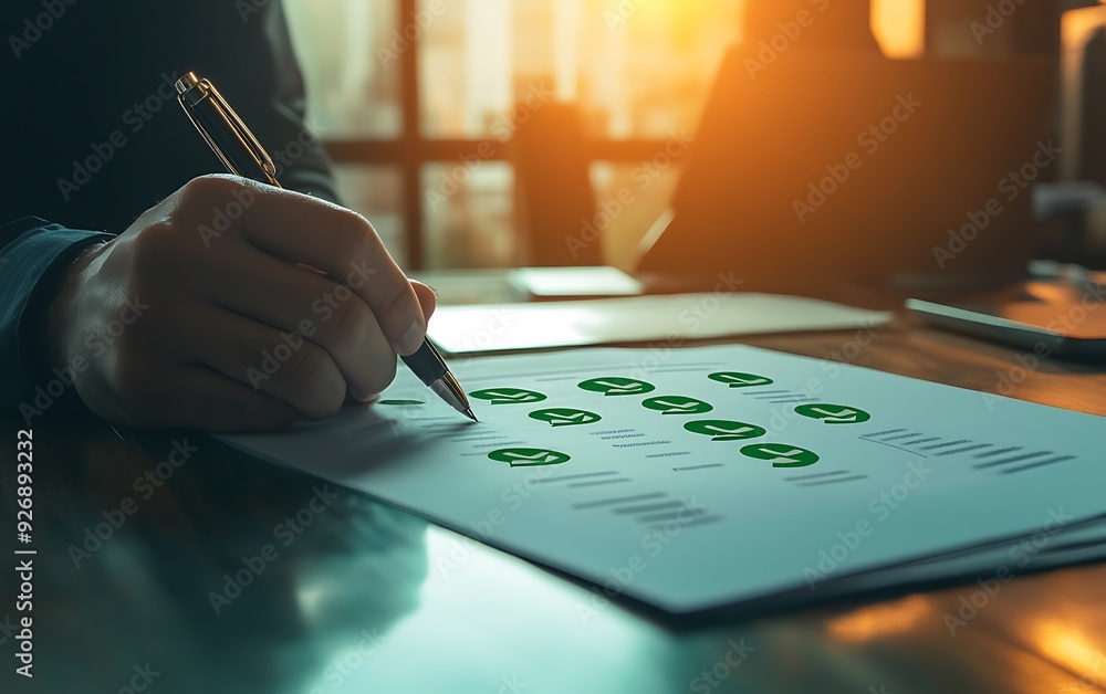 Poster business leader reviewing strategy document with completed tasks in dynamic office