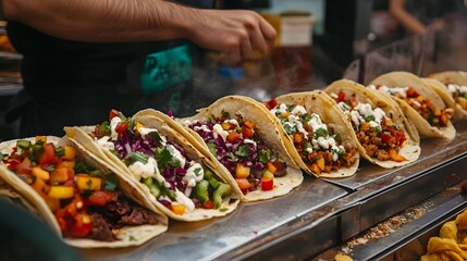 Vibrant and Flavorful Street Taco Stall Serving Fresh Mexican Cuisine