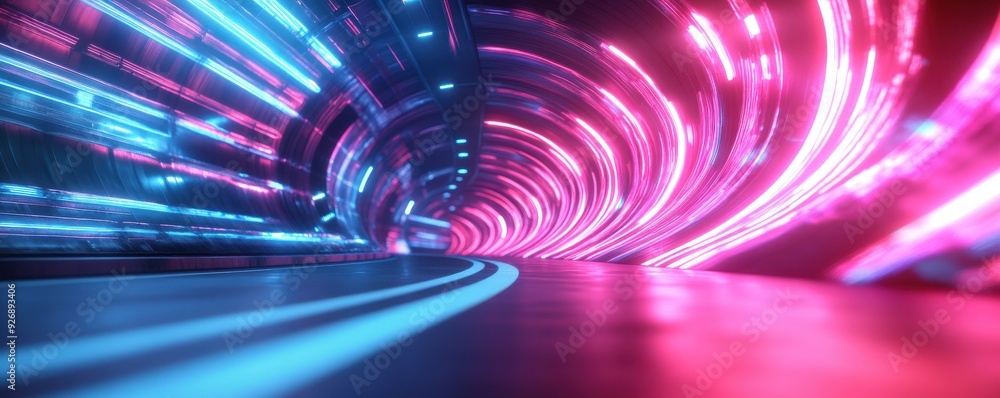Poster a futuristic tunnel illuminated by vibrant blue and pink lights, creating a dynamic and captivating 