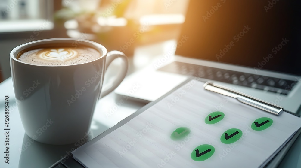Poster Business Task List with Completed Tasks and Green Check Marks on Office Desk