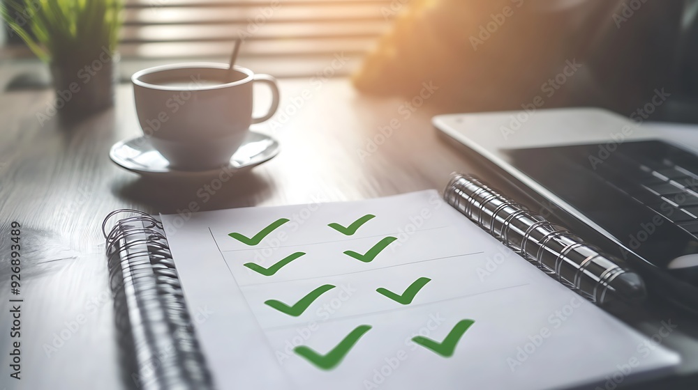 Poster Business Task List with Completed Tasks and Green Check Marks on Office Desk