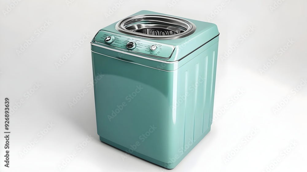 Poster vintage top loading washing machine with manual controls on white background