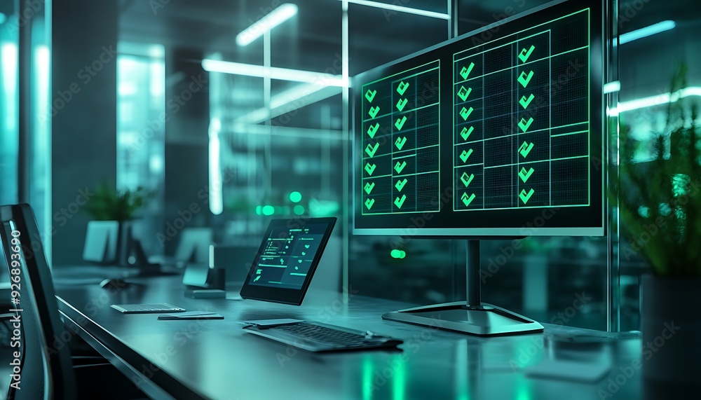 Poster Digital Task Management Dashboard with Green Check Marks in High-Tech Office
