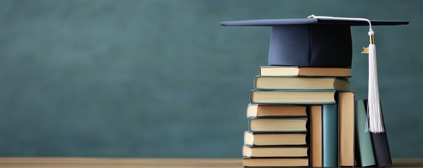 A graduation cap resting on a stack of books, symbolizing education and achievement in an academic environment.