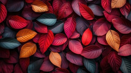 Colorful leaves in deep hues create a stunning natural pattern, perfect for autumn-themed designs and backgrounds.