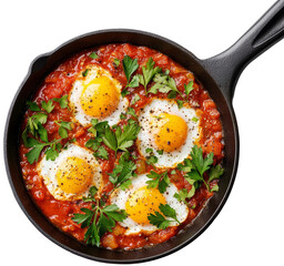 A vibrant dish of eggs poached in a rich tomato sauce, garnished with fresh parsley, perfect for breakfast or brunch. cut out, PNG, isolated on transparent background.