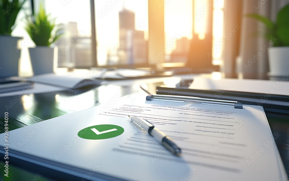 Poster validated document with green check mark on polished corporate desk