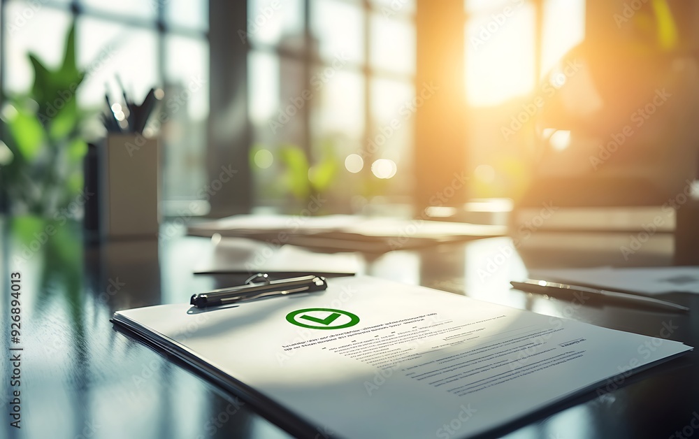 Poster validated document with green check mark on polished corporate desk