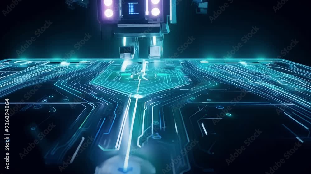 Poster a close-up view showcases intricate circuit board patterns illuminated by neon lights in a dark sett