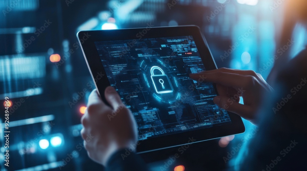 Poster a businessman shows a lock icon to protect data and secure internet access. the concept of cybersecu