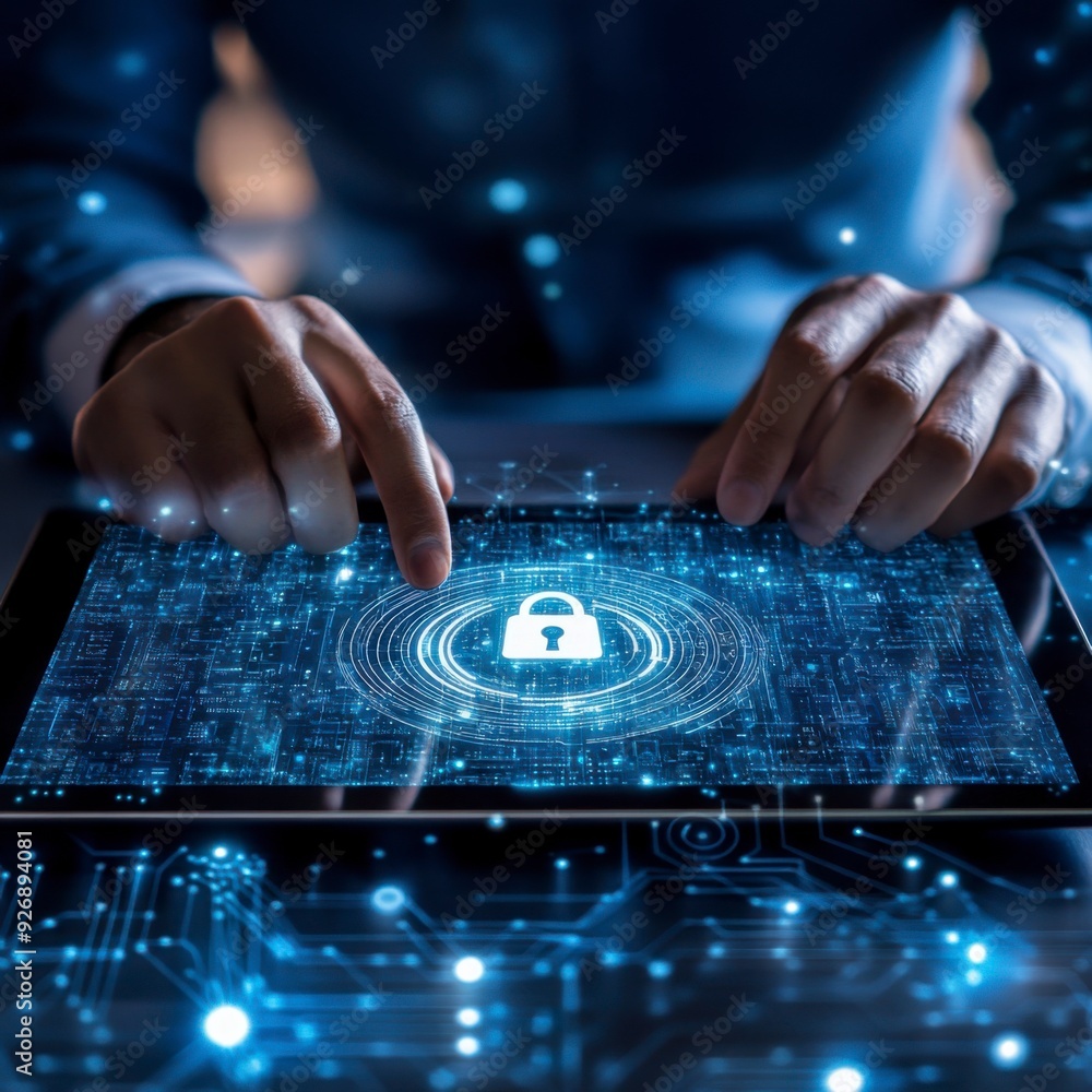 Poster a businessman shows a lock icon to protect data and secure internet access. the concept of cybersecu