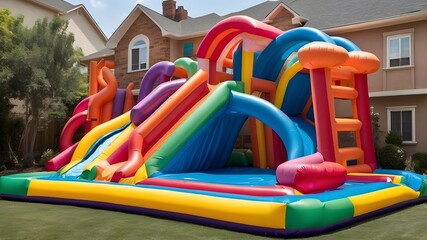 Water slide with an inflatable bounce house in the garden and a colorful bouncy castle