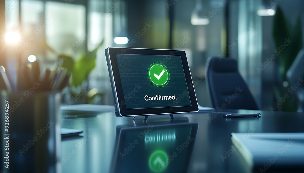 Poster digital interface confirming business deal with green check mark on tablet