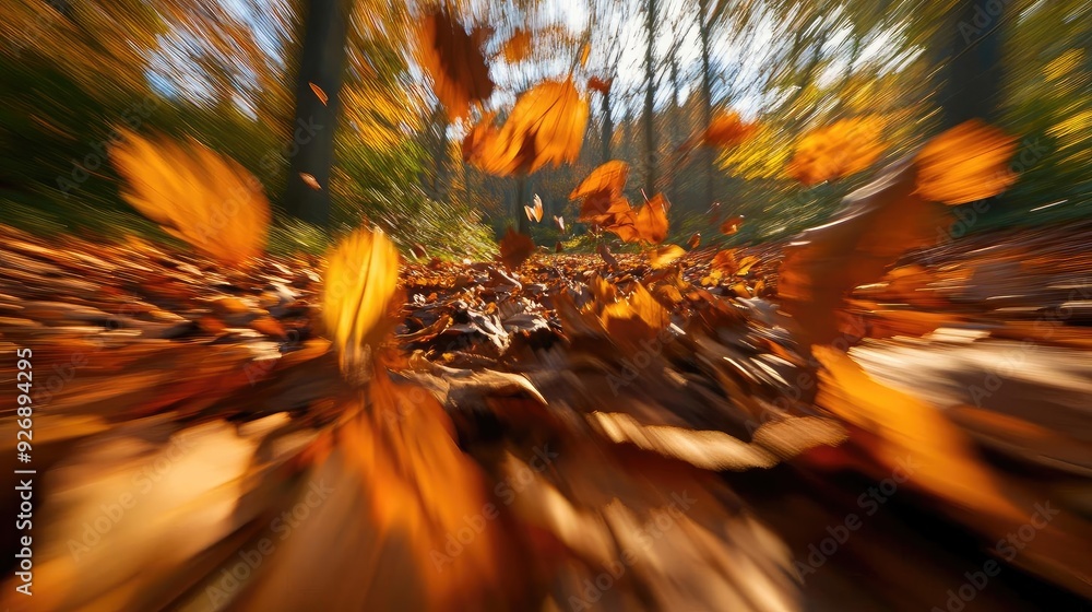 Poster a vibrant scene of swirling autumn leaves captured in motion, creating a dynamic and colorful forest
