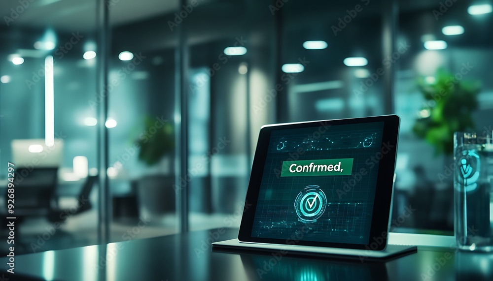 Poster digital interface confirming business deal with green check mark on tablet
