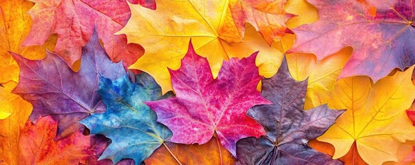 A vibrant assortment of autumn leaves showcasing rich colors including red, orange, yellow, and purple, perfect for seasonal themes.