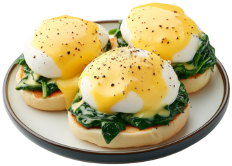 Delicious eggs Benedict on English muffin with spinach and hollandaise sauce, perfect for brunch or breakfast delight. cut out, PNG, isolated on transparent background.