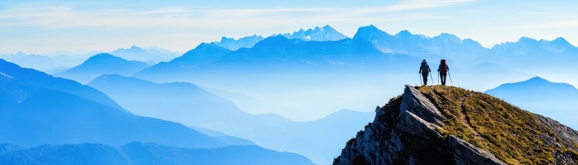 Fototapeta premium Two hikers stand atop a mountain peak, overlooking a breathtaking landscape of blue-hued mountains and clear skies.