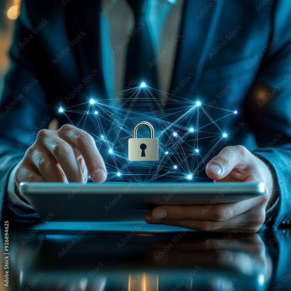 Poster a businessman shows a lock icon to protect data and secure internet access. the concept of cybersecu