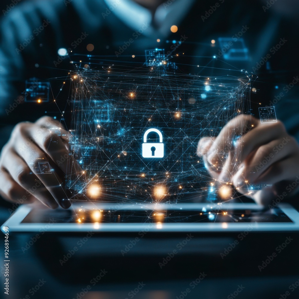 Poster a businessman shows a lock icon to protect data and secure internet access. the concept of cybersecu