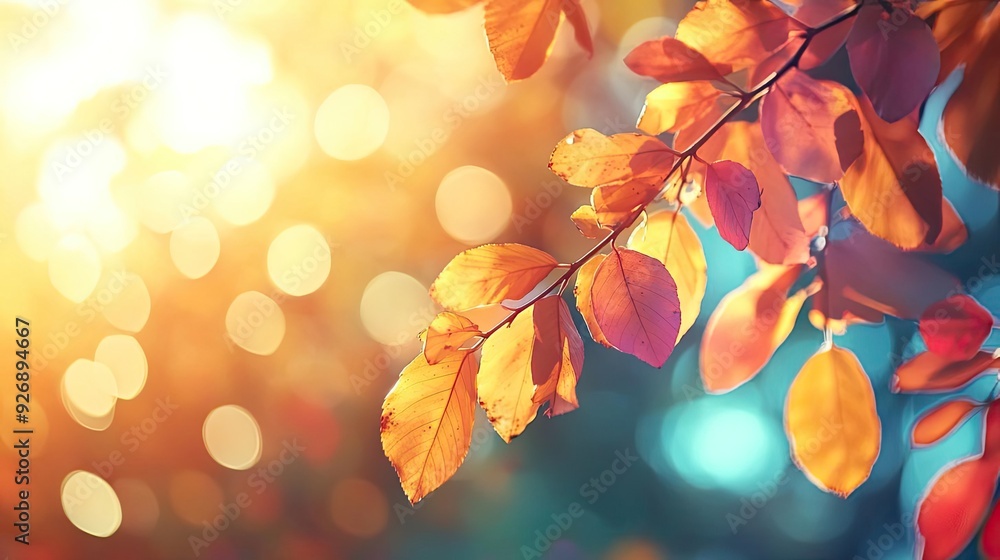 Poster captivating autumn leaves illuminated by soft sunlight, creating a dreamy bokeh effect in warm color