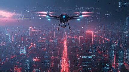 A drone capturing data over a high-tech landscape, with the city below illuminated by digital interfaces and neon lights, representing the futuristic application of AI