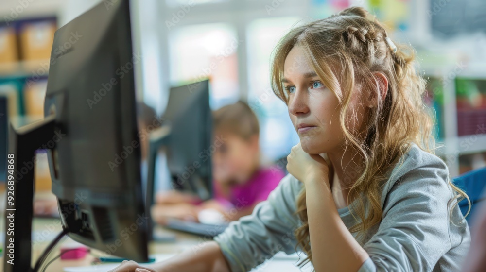 Poster Pensive elementary school teacher using computer in classroom. 