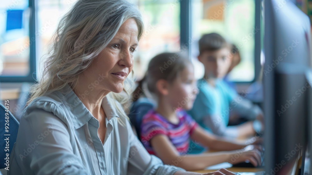 Poster pensive elementary school teacher using computer in classroom.