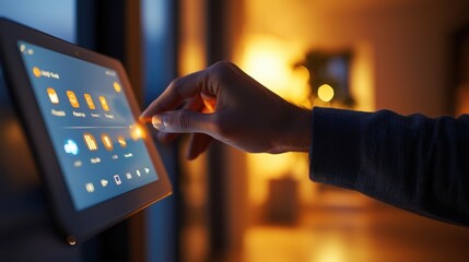 An individual using a smart home device, adjusting lighting and temperature settings on a sleek touchscreen interface, the room subtly lit with dimmed lights, showcasing the seamless integration of