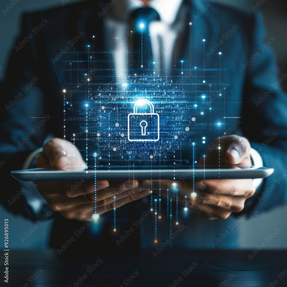 Poster a businessman shows a lock icon to protect data and secure internet access. the concept of cybersecu