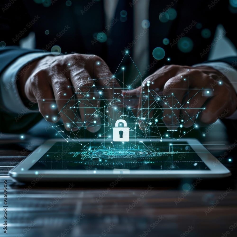 Poster a businessman shows a lock icon to protect data and secure internet access. the concept of cybersecu
