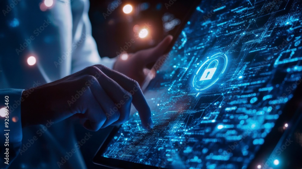 Poster a businessman shows a lock icon to protect data and secure internet access. the concept of cybersecu