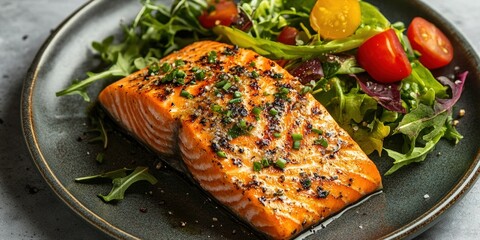 Fillet of salmon with a green salad on the plate