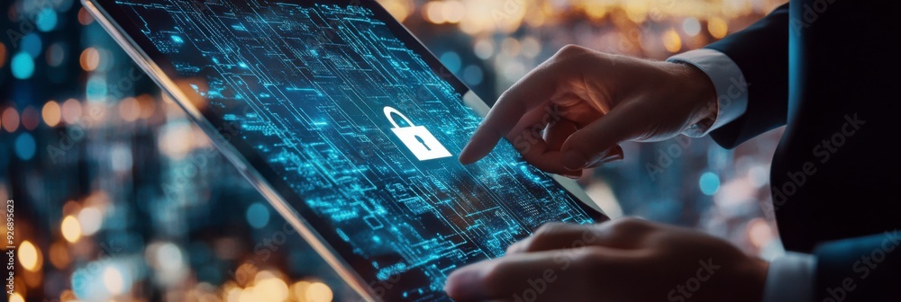 Poster a businessman shows a lock icon to protect data and secure internet access. the concept of cybersecu
