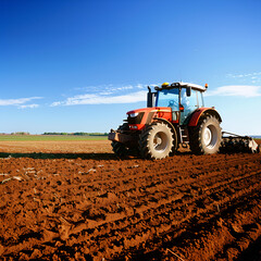 Fototapeta premium State-of-the-art tractor plowing a field with fresh soil and crops.