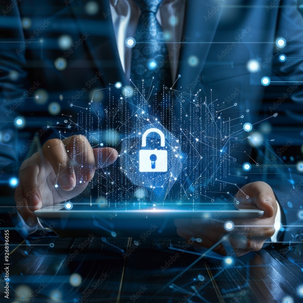 Poster a businessman shows a lock icon to protect data and secure internet access. the concept of cybersecu