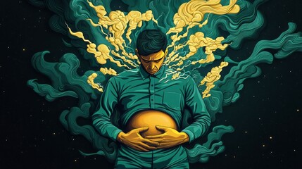 A captivating illustration of a man holding his belly, symbolizing creativity and introspection in a surreal atmosphere.