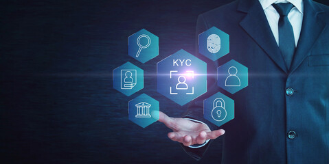 Interactive KYC compliance interface: A digital screen interface for Know Your Customer (KYC) compliance and security with a virtual symbol. Identity verification,