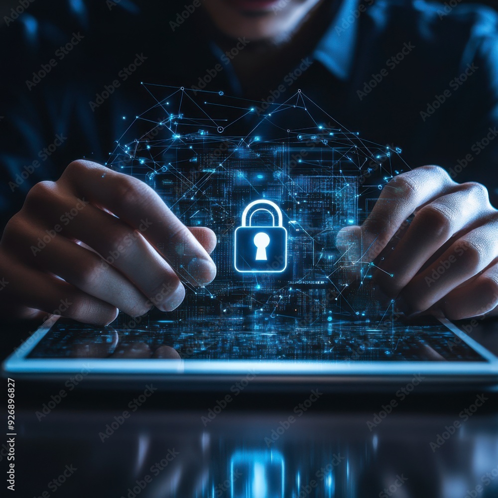 Poster a businessman shows a lock icon to protect data and secure internet access. the concept of cybersecu