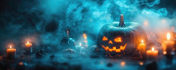 Naklejka premium Eerie Halloween scene with a glowing pumpkin, candles, and fog, creating a mysterious and spooky atmosphere.