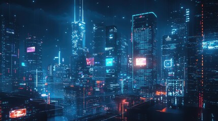 A futuristic cityscape with smart devices and advanced transportation systems prominently featured. The skyline is illuminated with holographic advertisements and interactive elements, representing