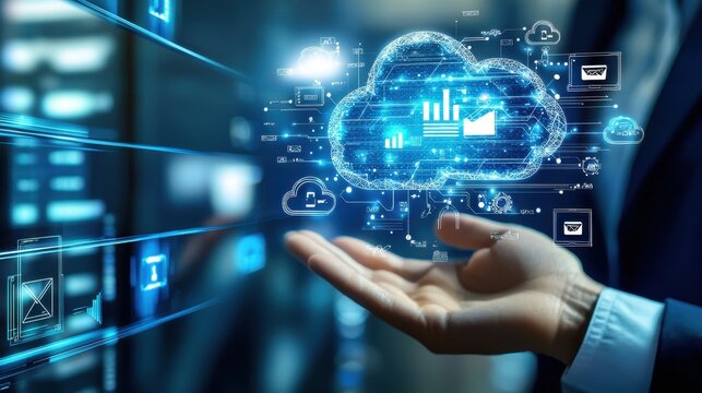 A business professional using a cloud computing platform to manage digital assets. The background features a sleek, modern office with high-tech equipment, highlighting the significance of cloud